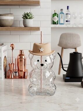Clear Glass Bear Drink Bottle with Tan Cowboy Hat Straw Lid 19oz